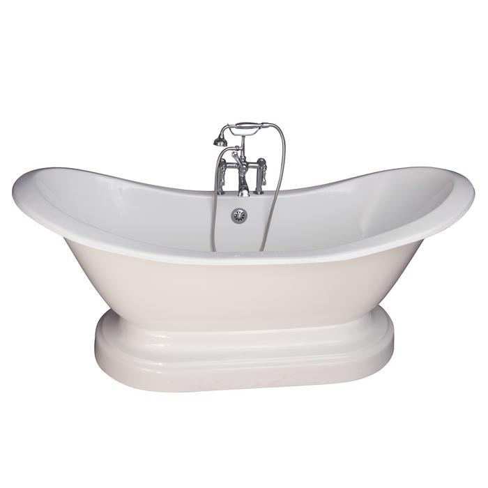 BARCLAY TKCTDSHB-CP4 MARSHALL 72 INCH CAST IRON FREESTANDING SOAKER BATHTUB IN WHITE WITH METAL LEVER HANDLE TUB FILLER AND HAND SHOWER IN POLISHED CHROME
