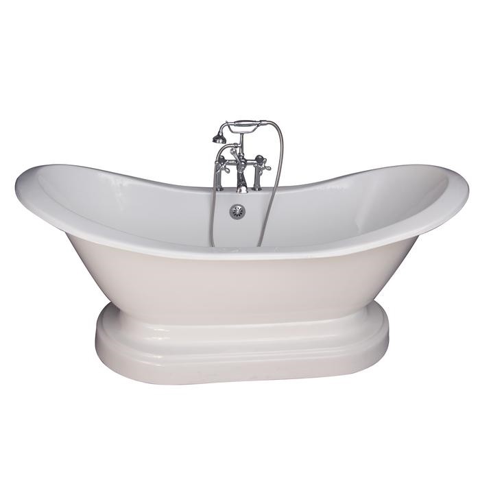 BARCLAY TKCTDSHB-CP5 MARSHALL 72 INCH CAST IRON FREESTANDING SOAKER BATHTUB IN WHITE WITH METAL CROSS HANDLE TUB FILLER AND HAND SHOWER IN POLISHED CHROME