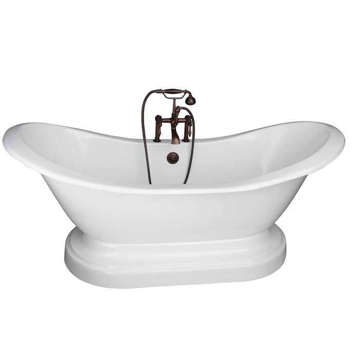 BARCLAY TKCTDSHB-ORB3 MARSHALL 72 INCH CAST IRON FREESTANDING SOAKER BATHTUB IN WHITE WITH FINIALS METAL LEVER HANDLE TUB FILLER AND HAND SHOWER IN OIL RUBBED BRONZE