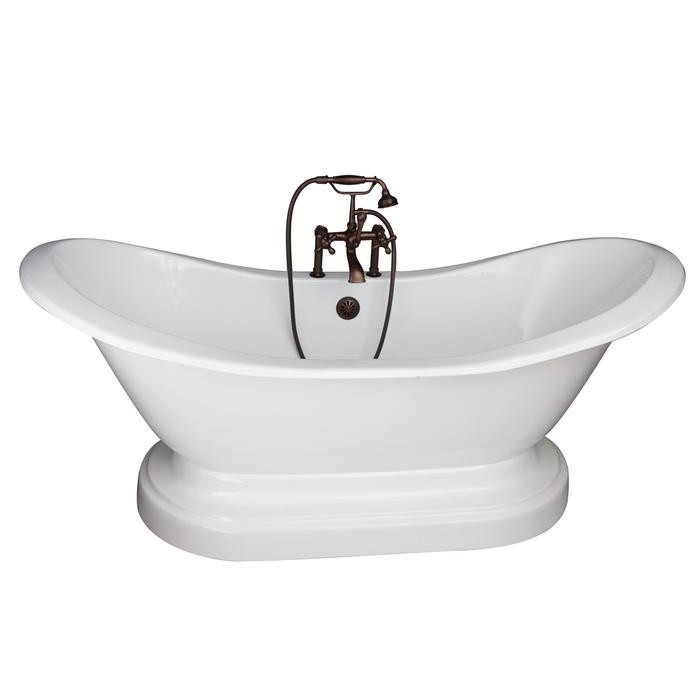 BARCLAY TKCTDSHB-ORB5 MARSHALL 72 INCH CAST IRON FREESTANDING SOAKER BATHTUB IN WHITE WITH METAL CROSS HANDLE TUB FILLER AND HAND SHOWER IN OIL RUBBED BRONZE