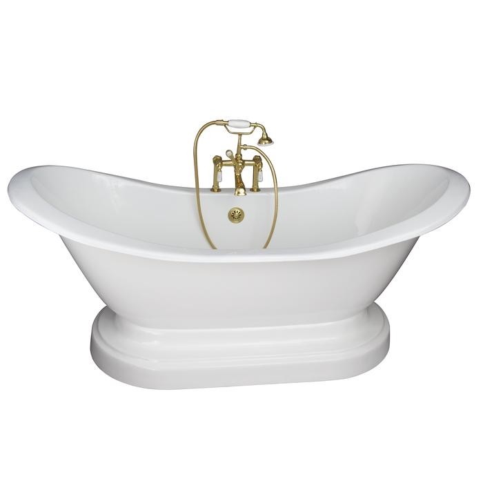 BARCLAY TKCTDSHB-PB1 MARSHALL 72 INCH CAST IRON FREESTANDING SOAKER BATHTUB IN WHITE WITH PORCELAIN LEVER HANDLE TUB FILLER AND HAND SHOWER IN POLISHED BRASS