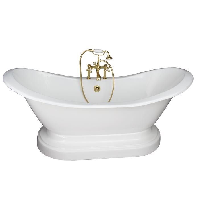 BARCLAY TKCTDSHB-PB2 MARSHALL 72 INCH CAST IRON FREESTANDING SOAKER BATHTUB IN WHITE WITH METAL CROSS HANDLE TUB FILLER AND HAND SHOWER IN POLISHED BRASS