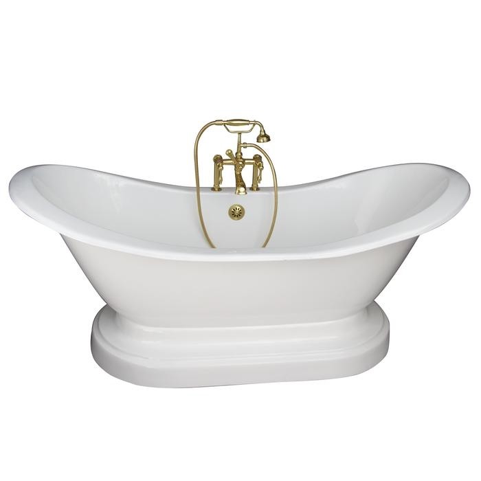 BARCLAY TKCTDSHB-PB3 MARSHALL 72 INCH CAST IRON FREESTANDING SOAKER BATHTUB IN WHITE WITH FINIALS METAL LEVER HANDLE TUB FILLER AND HAND SHOWER IN POLISHED BRASS