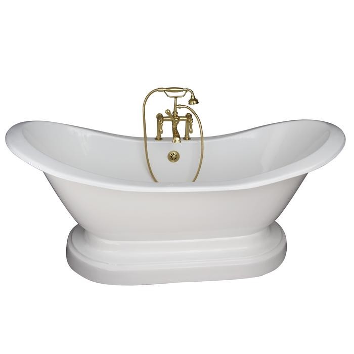 BARCLAY TKCTDSHB-PB4 MARSHALL 72 INCH CAST IRON FREESTANDING SOAKER BATHTUB IN WHITE WITH METAL LEVER HANDLE TUB FILLER AND HAND SHOWER IN POLISHED BRASS