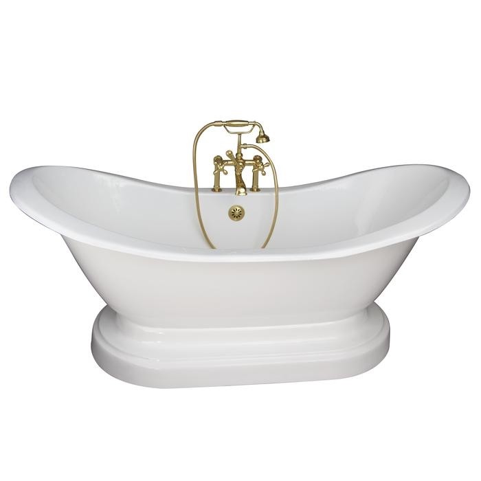 BARCLAY TKCTDSHB-PB5 MARSHALL 72 INCH CAST IRON FREESTANDING SOAKER BATHTUB IN WHITE WITH METAL CROSS HANDLE TUB FILLER AND HAND SHOWER IN POLISHED BRASS