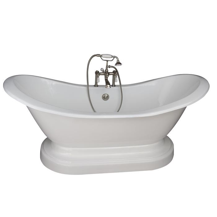BARCLAY TKCTDSHB-PN1 MARSHALL 72 INCH CAST IRON FREESTANDING SOAKER BATHTUB IN WHITE WITH PORCELAIN LEVER HANDLE TUB FILLER AND HAND SHOWER IN POLISHED NICKEL