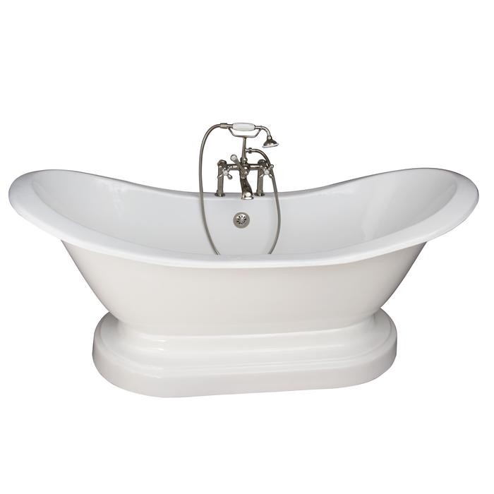 BARCLAY TKCTDSHB-PN2 MARSHALL 72 INCH CAST IRON FREESTANDING SOAKER BATHTUB IN WHITE WITH METAL CROSS HANDLE TUB FILLER AND HAND SHOWER IN POLISHED NICKEL