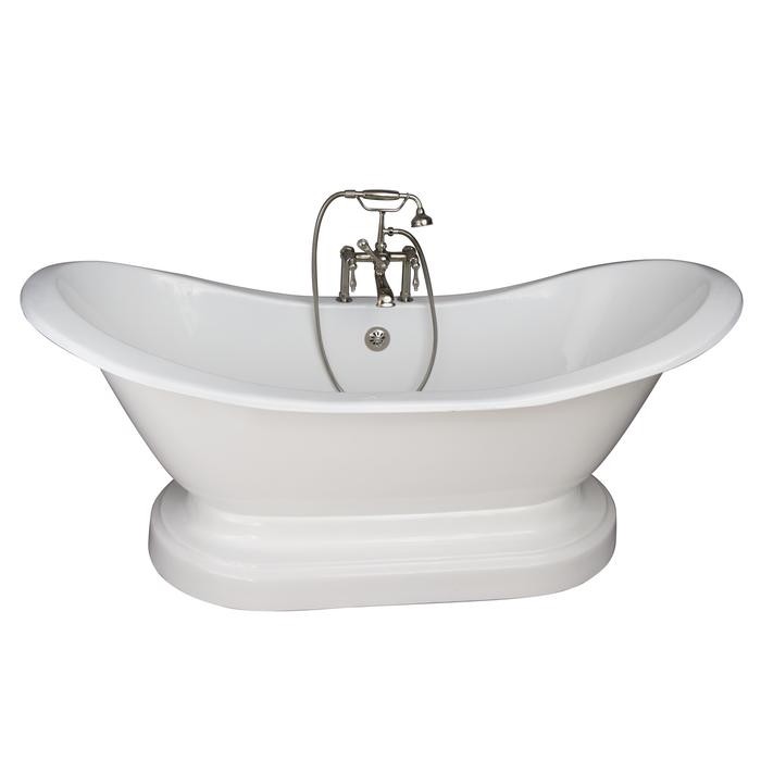 BARCLAY TKCTDSHB-PN3 MARSHALL 72 INCH CAST IRON FREESTANDING SOAKER BATHTUB IN WHITE WITH FINIALS METAL LEVER HANDLE TUB FILLER AND HAND SHOWER IN POLISHED NICKEL