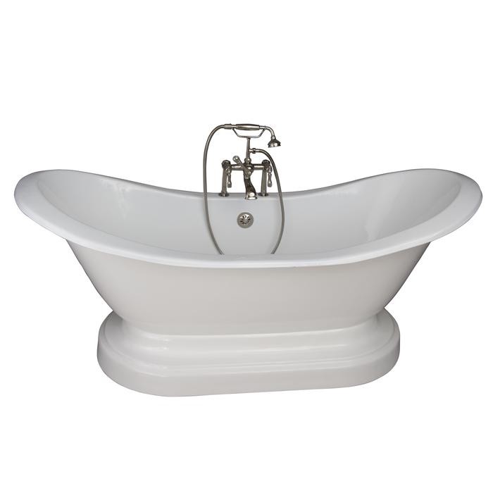 BARCLAY TKCTDSHB-PN4 MARSHALL 72 INCH CAST IRON FREESTANDING SOAKER BATHTUB IN WHITE WITH METAL LEVER HANDLE TUB FILLER AND HAND SHOWER IN POLISHED NICKEL