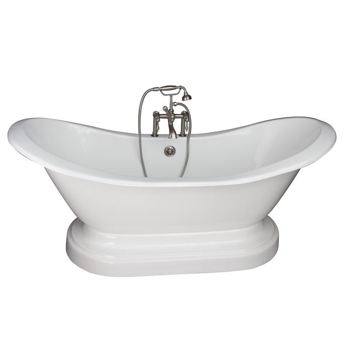 BARCLAY TKCTDSHB-SN3 MARSHALL 72 INCH CAST IRON FREESTANDING SOAKER BATHTUB IN WHITE WITH FINIALS METAL LEVER HANDLE TUB FILLER AND HAND SHOWER IN BRUSHED NICKEL