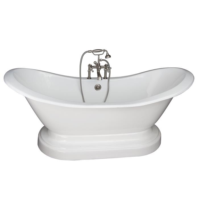 BARCLAY TKCTDSHB-SN5 MARSHALL 72 INCH CAST IRON FREESTANDING SOAKER BATHTUB IN WHITE WITH METAL CROSS HANDLE TUB FILLER AND HAND SHOWER IN BRUSHED NICKEL