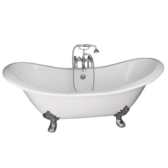 BARCLAY TKCTDSN-CP3 MARSHALL 72 INCH CAST IRON FREESTANDING CLAWFOOT SOAKER BATHTUB IN WHITE WITH FINIALS METAL LEVER HANDLE TUB FILLER AND HAND SHOWER IN POLISHED CHROME