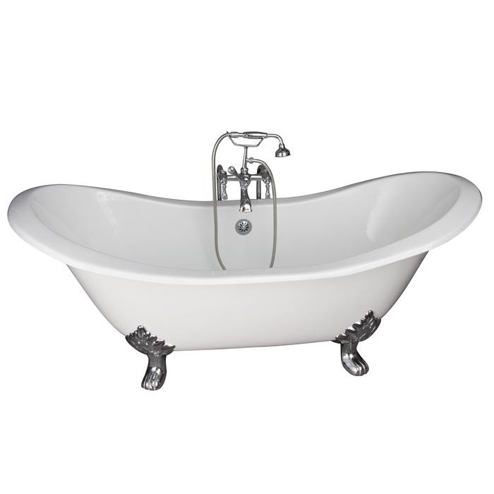 BARCLAY TKCTDSN-CP4 MARSHALL 72 INCH CAST IRON FREESTANDING CLAWFOOT SOAKER BATHTUB IN WHITE WITH METAL LEVER HANDLE TUB FILLER AND HAND SHOWER IN POLISHED CHROME