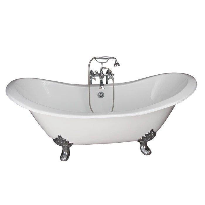BARCLAY TKCTDSN-CP5 MARSHALL 72 INCH CAST IRON FREESTANDING CLAWFOOT SOAKER BATHTUB IN WHITE WITH METAL CROSS HANDLE TUB FILLER AND HAND SHOWER IN POLISHED CHROME