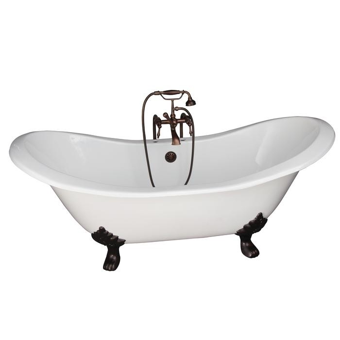 BARCLAY TKCTDSN-ORB3 MARSHALL 72 INCH CAST IRON FREESTANDING CLAWFOOT SOAKER BATHTUB IN WHITE WITH FINIALS METAL LEVER HANDLE TUB FILLER AND HAND SHOWER IN OIL RUBBED BRONZE