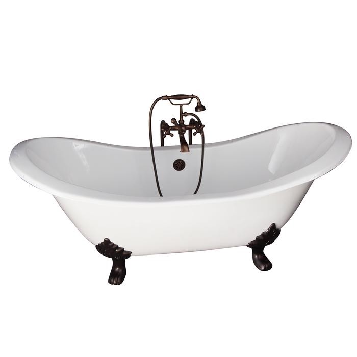 BARCLAY TKCTDSN-ORB5 MARSHALL 72 INCH CAST IRON FREESTANDING CLAWFOOT SOAKER BATHTUB IN WHITE WITH METAL CROSS HANDLE TUB FILLER AND HAND SHOWER IN OIL RUBBED BRONZE