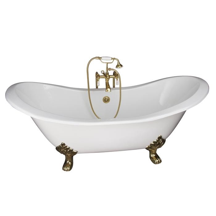 BARCLAY TKCTDSN-PB1 MARSHALL 72 INCH CAST IRON FREESTANDING CLAWFOOT SOAKER BATHTUB IN WHITE WITH PORCELAIN LEVER HANDLE TUB FILLER AND HAND SHOWER IN POLISHED BRASS