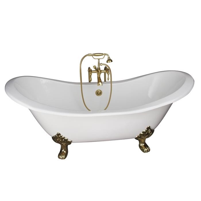 BARCLAY TKCTDSN-PB3 MARSHALL 72 INCH CAST IRON FREESTANDING CLAWFOOT SOAKER BATHTUB IN WHITE WITH FINIALS METAL LEVER HANDLE TUB FILLER AND HAND SHOWER IN POLISHED BRASS
