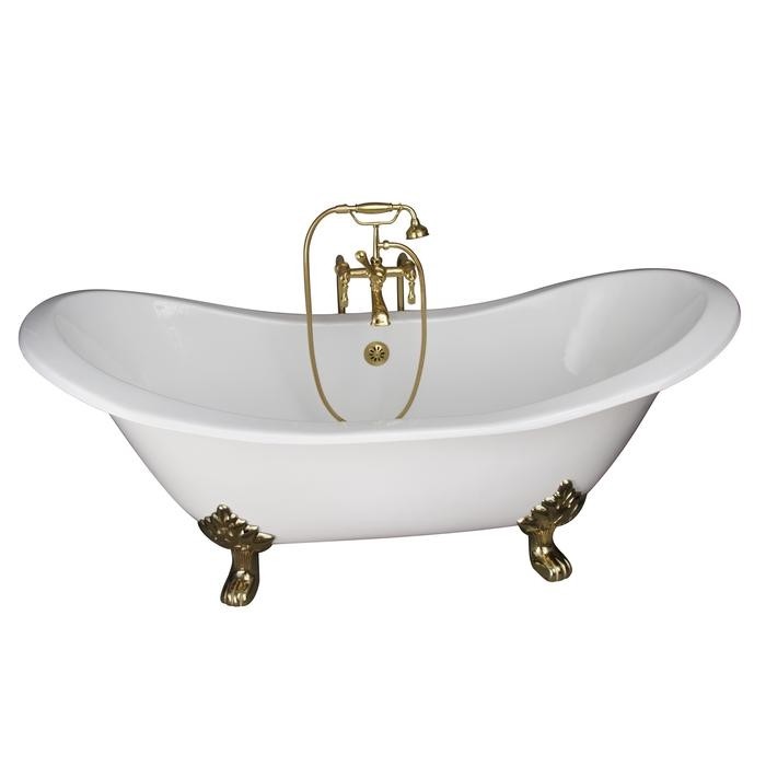 BARCLAY TKCTDSN-PB4 MARSHALL 72 INCH CAST IRON FREESTANDING CLAWFOOT SOAKER BATHTUB IN WHITE WITH METAL LEVER HANDLE TUB FILLER AND HAND SHOWER IN POLISHED BRASS