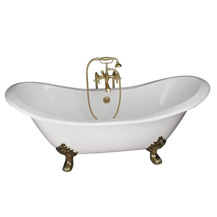 BARCLAY TKCTDSN-PB5 MARSHALL 72 INCH CAST IRON FREESTANDING CLAWFOOT SOAKER BATHTUB IN WHITE WITH METAL CROSS HANDLE TUB FILLER AND HAND SHOWER IN POLISHED BRASS