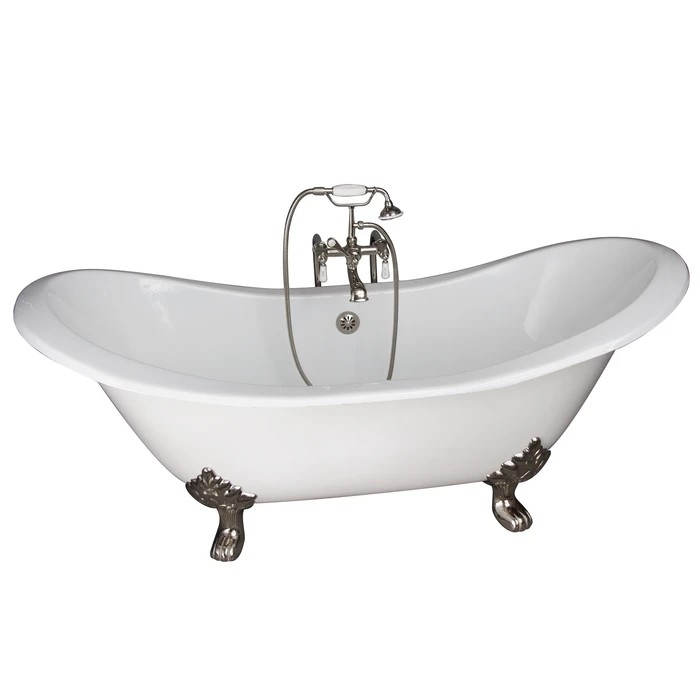 BARCLAY TKCTDSN-PN1 MARSHALL 72 INCH CAST IRON FREESTANDING CLAWFOOT SOAKER BATHTUB IN WHITE WITH PORCELAIN LEVER HANDLE TUB FILLER AND HAND SHOWER IN POLISHED NICKEL
