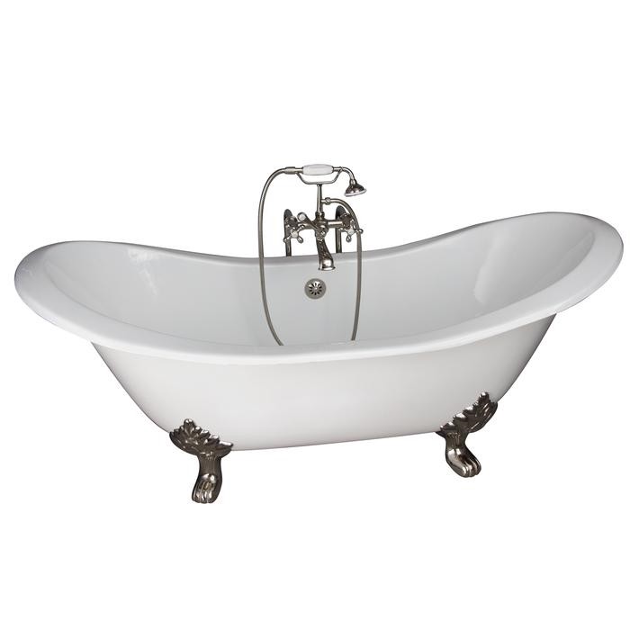 BARCLAY TKCTDSN-PN2 MARSHALL 72 INCH CAST IRON FREESTANDING CLAWFOOT SOAKER BATHTUB IN WHITE WITH METAL CROSS HANDLE TUB FILLER AND HAND SHOWER IN POLISHED NICKEL