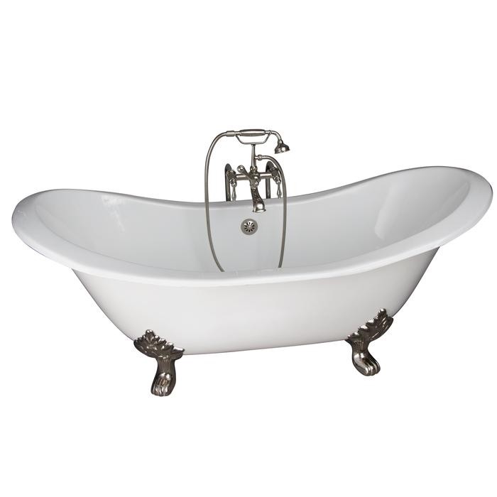 BARCLAY TKCTDSN-PN3 MARSHALL 72 INCH CAST IRON FREESTANDING CLAWFOOT SOAKER BATHTUB IN WHITE WITH FINIALS METAL LEVER HANDLE TUB FILLER AND HAND SHOWER IN POLISHED NICKEL
