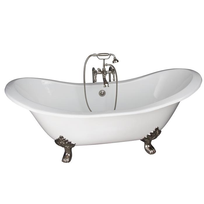 BARCLAY TKCTDSN-PN4 MARSHALL 72 INCH CAST IRON FREESTANDING CLAWFOOT SOAKER BATHTUB IN WHITE WITH METAL LEVER HANDLE TUB FILLER AND HAND SHOWER IN POLISHED NICKEL