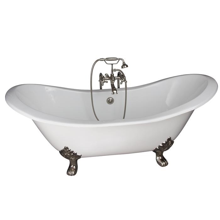 BARCLAY TKCTDSN-PN5 MARSHALL 72 INCH CAST IRON FREESTANDING CLAWFOOT SOAKER BATHTUB IN WHITE WITH METAL CROSS HANDLE TUB FILLER AND HAND SHOWER IN POLISHED NICKEL