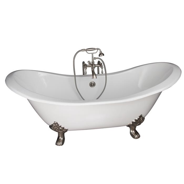 BARCLAY TKCTDSN-SN3 MARSHALL 72 INCH CAST IRON FREESTANDING CLAWFOOT SOAKER BATHTUB IN WHITE WITH FINIALS METAL LEVER HANDLE TUB FILLER AND HAND SHOWER IN BRUSHED NICKEL