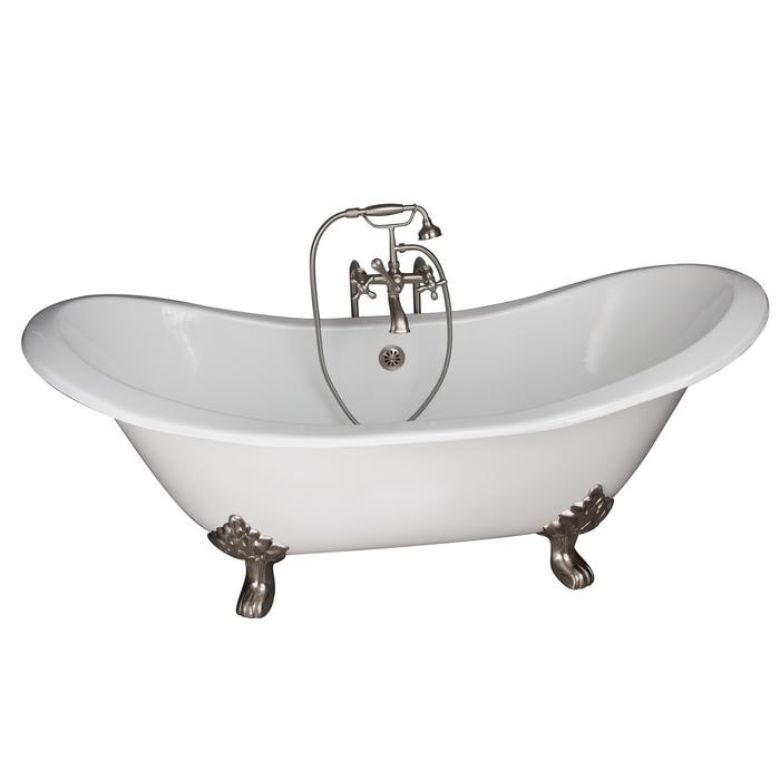 BARCLAY TKCTDSN-SN5 MARSHALL 72 INCH CAST IRON FREESTANDING CLAWFOOT SOAKER BATHTUB IN WHITE WITH METAL CROSS HANDLE TUB FILLER AND HAND SHOWER IN BRUSHED NICKEL