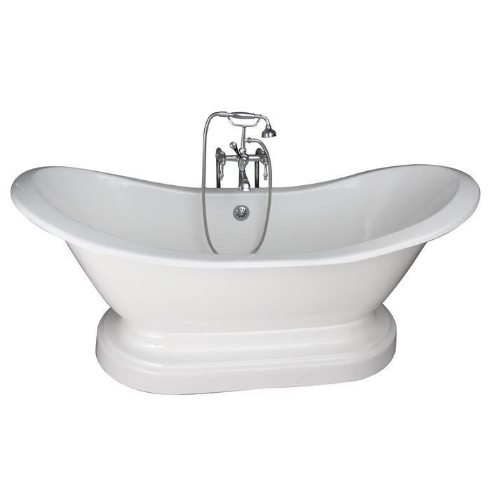 BARCLAY TKCTDSNB-CP3 MARSHALL 72 INCH CAST IRON FREESTANDING SOAKER BATHTUB IN WHITE WITH FINIALS METAL LEVER HANDLE TUB FILLER AND HAND SHOWER IN POLISHED CHROME