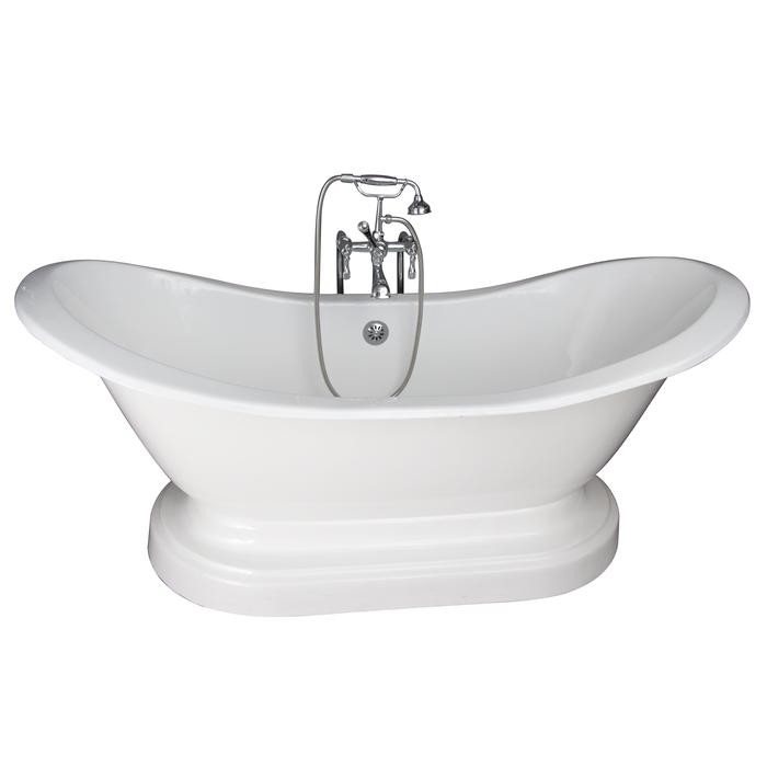 BARCLAY TKCTDSNB-CP4 MARSHALL 72 INCH CAST IRON FREESTANDING SOAKER BATHTUB IN WHITE WITH METAL LEVER HANDLE TUB FILLER AND HAND SHOWER IN POLISHED CHROME