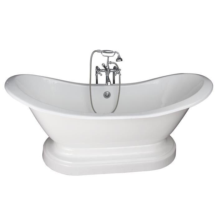 BARCLAY TKCTDSNB-CP5 MARSHALL 72 INCH CAST IRON FREESTANDING SOAKER BATHTUB IN WHITE WITH METAL CROSS HANDLE TUB FILLER AND HAND SHOWER IN POLISHED CHROME