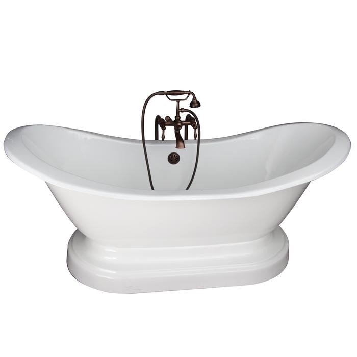 BARCLAY TKCTDSNB-ORB3 MARSHALL 72 INCH CAST IRON FREESTANDING SOAKER BATHTUB IN WHITE WITH FINIALS METAL LEVER HANDLE TUB FILLER AND HAND SHOWER IN OIL RUBBED BRONZE