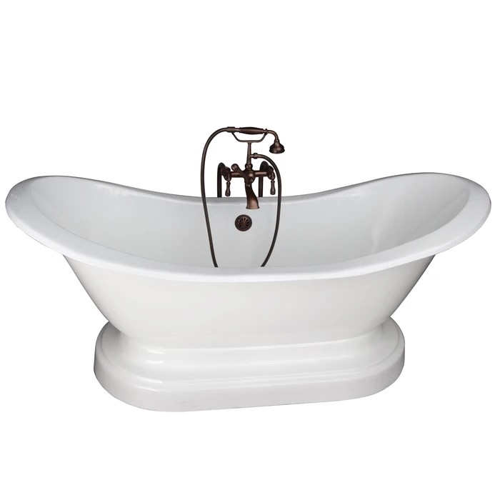 BARCLAY TKCTDSNB-ORB4 MARSHALL 72 INCH CAST IRON FREESTANDING SOAKER BATHTUB IN WHITE WITH METAL LEVER HANDLE TUB FILLER AND HAND SHOWER IN OIL RUBBED BRONZE