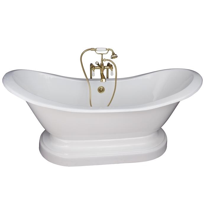 BARCLAY TKCTDSNB-PB1 MARSHALL 72 INCH CAST IRON FREESTANDING SOAKER BATHTUB IN WHITE WITH PORCELAIN LEVER HANDLE TUB FILLER AND HAND SHOWER IN POLISHED BRASS