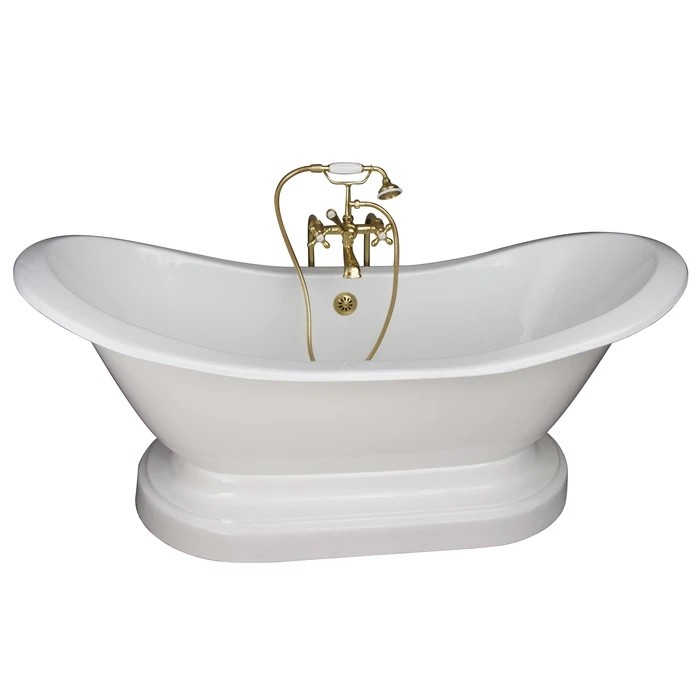 BARCLAY TKCTDSNB-PB2 MARSHALL 72 INCH CAST IRON FREESTANDING SOAKER BATHTUB IN WHITE WITH METAL CROSS HANDLE TUB FILLER AND HAND SHOWER IN POLISHED BRASS