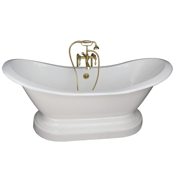 BARCLAY TKCTDSNB-PB3 MARSHALL 72 INCH CAST IRON FREESTANDING SOAKER BATHTUB IN WHITE WITH FINIALS METAL LEVER HANDLE TUB FILLER AND HAND SHOWER IN POLISHED BRASS