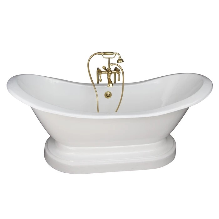 BARCLAY TKCTDSNB-PB4 MARSHALL 72 INCH CAST IRON FREESTANDING SOAKER BATHTUB IN WHITE WITH METAL LEVER HANDLE TUB FILLER AND HAND SHOWER IN POLISHED BRASS