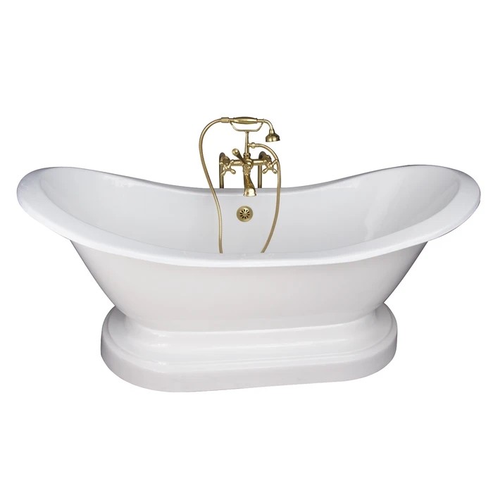 BARCLAY TKCTDSNB-PB5 MARSHALL 72 INCH CAST IRON FREESTANDING SOAKER BATHTUB IN WHITE WITH METAL CROSS HANDLE TUB FILLER AND HAND SHOWER IN POLISHED BRASS