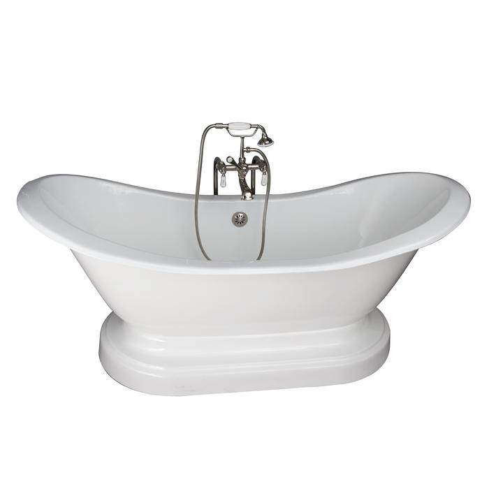BARCLAY TKCTDSNB-PN1 MARSHALL 72 INCH CAST IRON FREESTANDING SOAKER BATHTUB IN WHITE WITH PORCELAIN LEVER HANDLE TUB FILLER AND HAND SHOWER IN POLISHED NICKEL