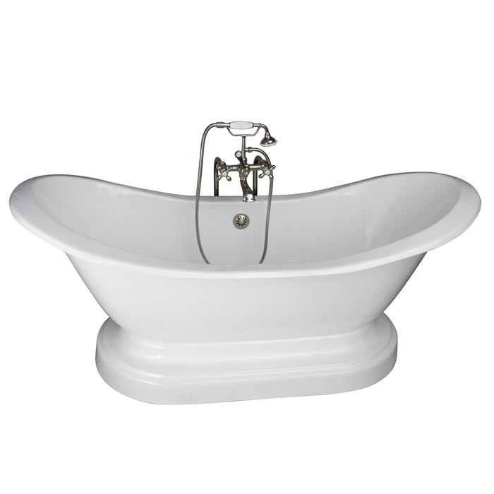 BARCLAY TKCTDSNB-PN2 MARSHALL 72 INCH CAST IRON FREESTANDING SOAKER BATHTUB IN WHITE WITH METAL CROSS HANDLE TUB FILLER AND HAND SHOWER IN POLISHED NICKEL