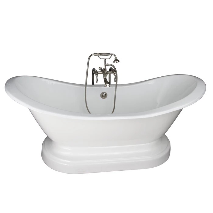BARCLAY TKCTDSNB-PN3 MARSHALL 72 INCH CAST IRON FREESTANDING SOAKER BATHTUB IN WHITE WITH FINIALS METAL LEVER HANDLE TUB FILLER AND HAND SHOWER IN POLISHED NICKEL