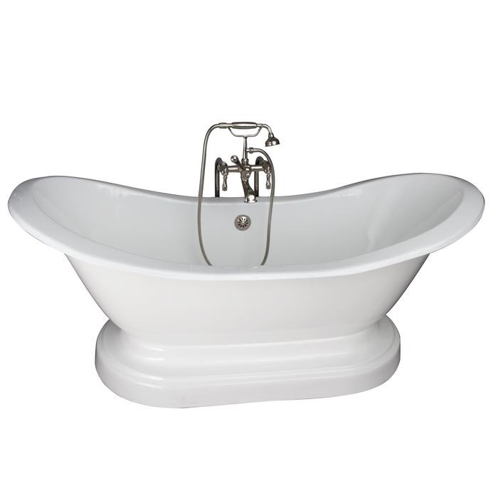 BARCLAY TKCTDSNB-PN4 MARSHALL 72 INCH CAST IRON FREESTANDING SOAKER BATHTUB IN WHITE WITH METAL LEVER HANDLE TUB FILLER AND HAND SHOWER IN POLISHED NICKEL