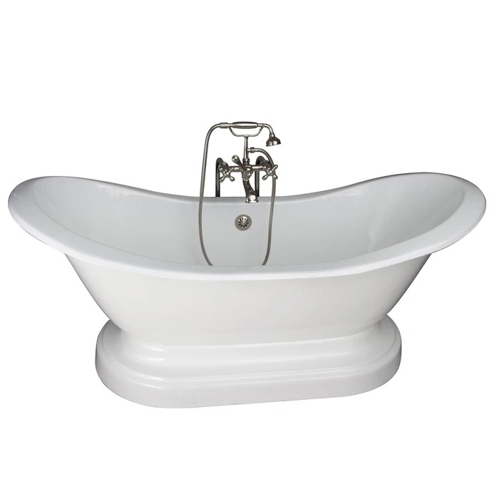BARCLAY TKCTDSNB-PN5 MARSHALL 72 INCH CAST IRON FREESTANDING SOAKER BATHTUB IN WHITE WITH METAL CROSS HANDLE TUB FILLER AND HAND SHOWER IN POLISHED NICKEL
