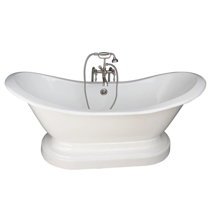 BARCLAY TKCTDSNB-SN3 MARSHALL 72 INCH CAST IRON FREESTANDING SOAKER BATHTUB IN WHITE WITH FINIALS METAL LEVER HANDLE TUB FILLER AND HAND SHOWER IN BRUSHED NICKEL