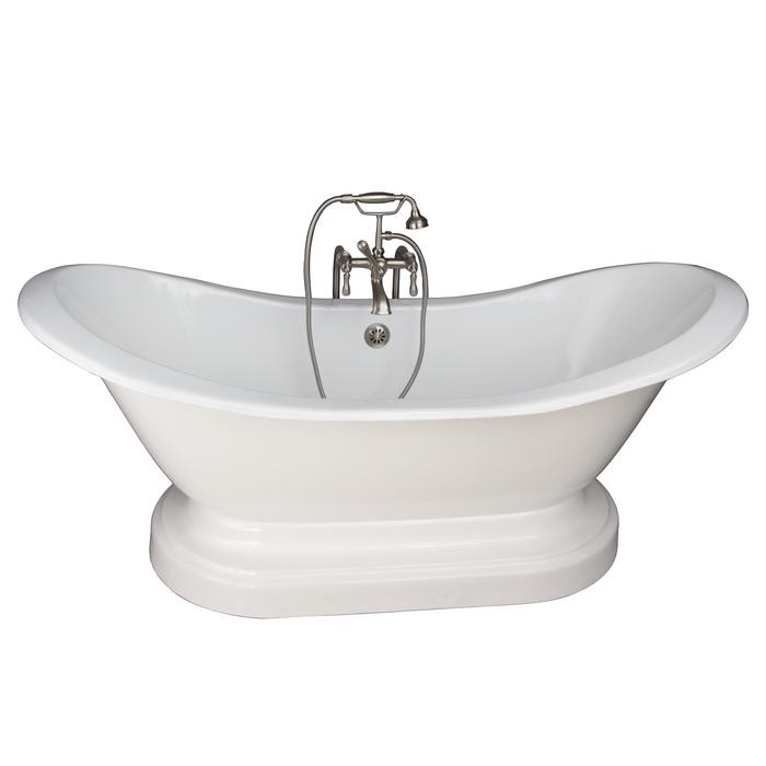 BARCLAY TKCTDSNB-SN4 MARSHALL 72 INCH CAST IRON FREESTANDING SOAKER BATHTUB IN WHITE WITH METAL LEVER HANDLE TUB FILLER AND HAND SHOWER IN BRUSHED NICKEL