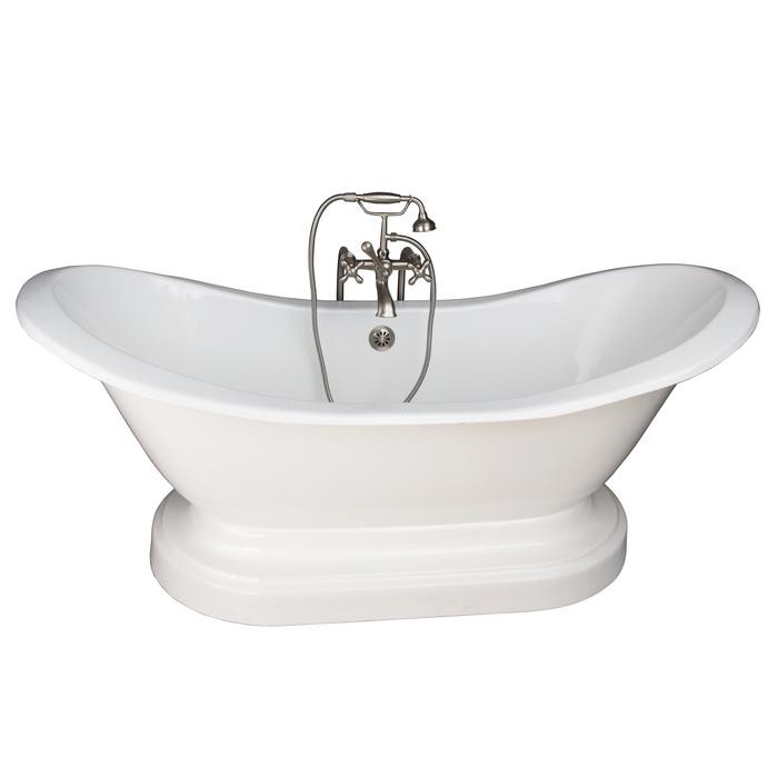 BARCLAY TKCTDSNB-SN5 MARSHALL 72 INCH CAST IRON FREESTANDING SOAKER BATHTUB IN WHITE WITH METAL CROSS HANDLE TUB FILLER AND HAND SHOWER IN BRUSHED NICKEL