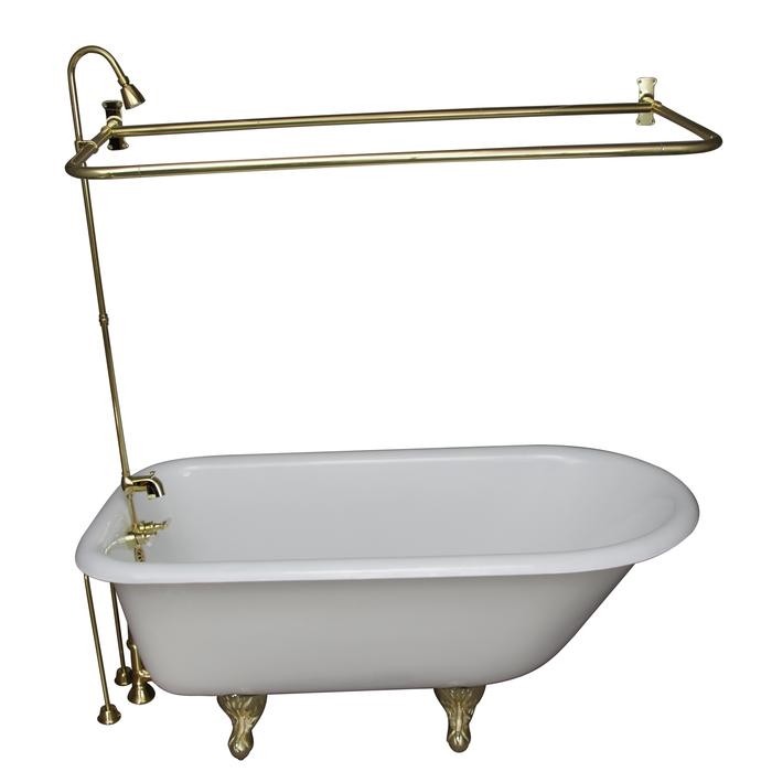 BARCLAY TKCTRH54-PB2 ANTONIO 55 1/2 INCH CAST IRON FREESTANDING CLAWFOOT SOAKER BATHTUB IN WHITE WITH METAL LEVER HANDLE TUB FILLER AND 1 INCH RECTANGULAR SHOWER UNIT IN POLISHED BRASS